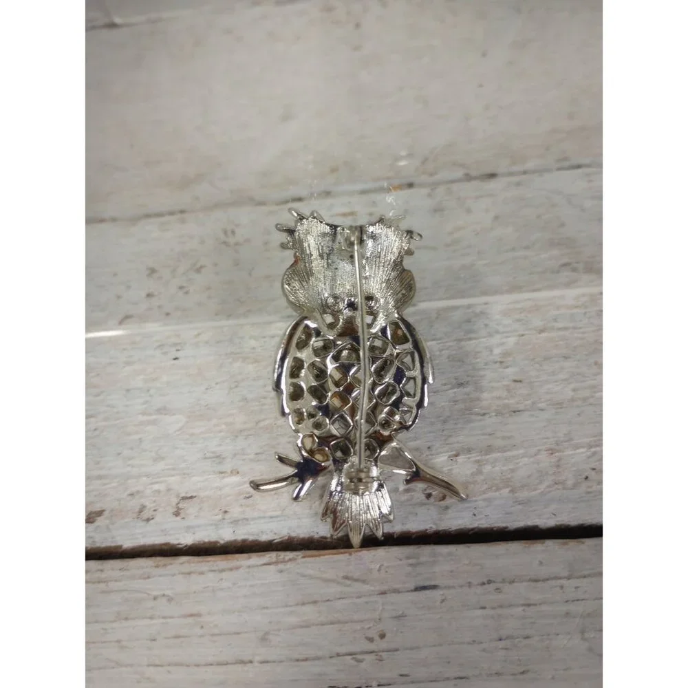 Vintage Silver Tone Rhinestone Pink Stone Owl Bird Brooch Pin Kitsch Boho Granny